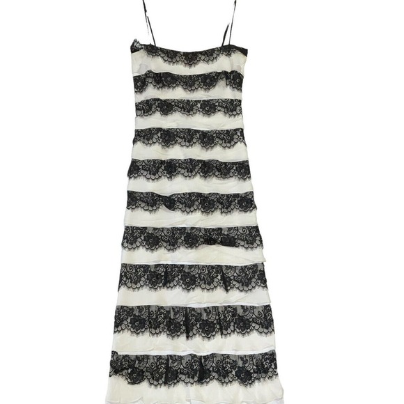 Tadashi Shoji Women’s Dress 100% Silk Layered Maxi Tiered Gown Black Cream Sz 8 - Picture 2 of 12